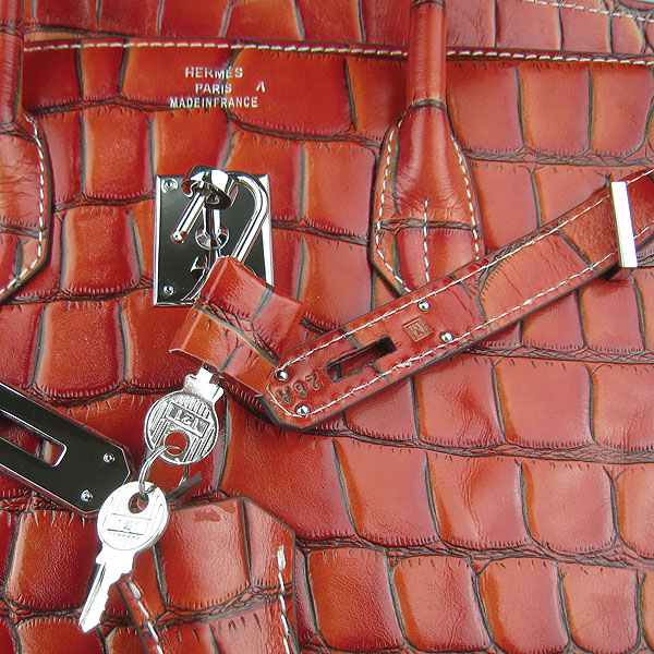 High Quality Fake Hermes Birkin 35CM Crocodile Veins Leather Bag Dark Orange 6089